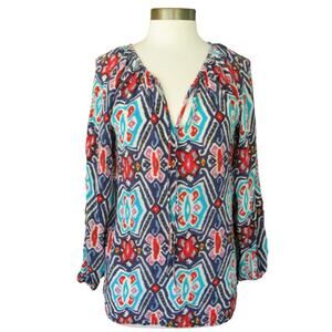 Tolani Boho Silk Ikat Top Tunic Blue Red Turquoise Long Sleeve